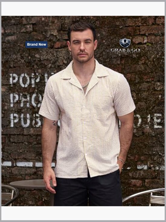 Men's Striped Cotton Button Down Short Sleeve Shirt Casual Summer Beach - Picture 3 of 7